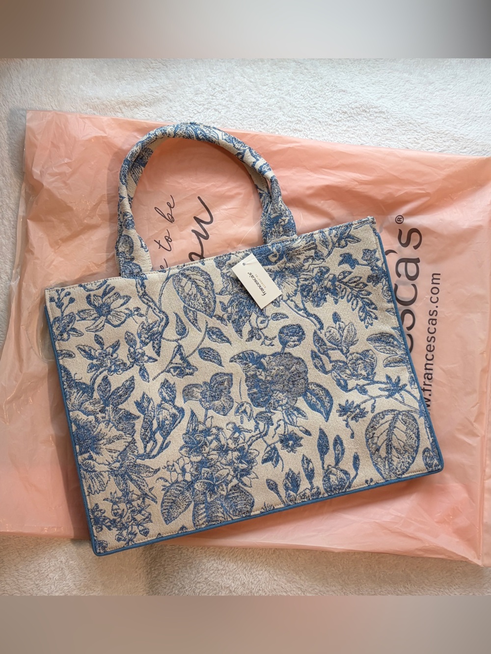 Francesca's Collections Cream and Blue Floral Canvas Tote